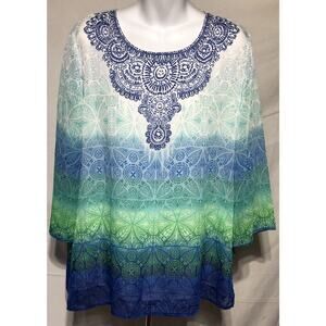 Alfred Dunner Top 18 Green Blue Ombré tie dye 3/4 sleeve flowy boho hippie